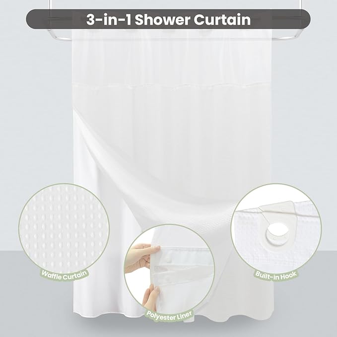 Inhousolu Stall No Hook Shower Curtain with Snap in Fabric Liner Set Waffle Weave 230GSM Weighted Hem, Waterproof & Washable Bathroom Curtain Spa Luxury with Mesh Top Window 36" W x 72" L White
