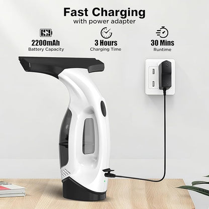 Window Vacuum Squeegee Cordless, 2000Pa Electric Window Cleaner Tool with 2200mAh & 150ml Water Collection Tank, Window Cleaning Kit Shower Squeegee for Glass Doors, Windows, Mirrors, Car (White)