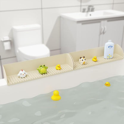 Roslim 2Pack Silicone Tub Water Splash Guard with 4 Suction Cups, Bath Toy Holder, Tub Play Shelf for Kids, Bathtub Side Splash Guard Tray, Toddler Bathroom Essentials, Beige