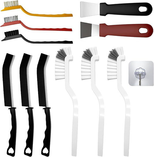 12Pcs Crevice Cleaning Brush Set, Hard Bristle Small Cleaning Brushes for Household Use with Scraper & Hook, Multi-Purpose Cleaning Tool for Kitchen, Bathroom, Grout, Corners, Tight Spaces