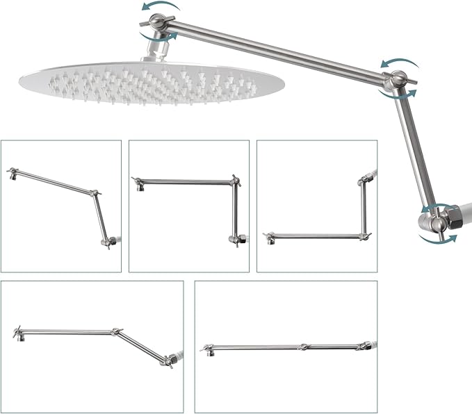 iFealClear All Metal 16" Shower Head Extension Arm, Solid Brass Shower Head Extender Adjustable Height Angle, G1/2 Universal Connection Stainless Steel Rain Showerhead Pipe, Lock Joint, Brushed Nickel