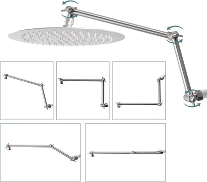 iFealClear All Metal 16" Shower Head Extension Arm, Solid Brass Shower Head Extender Adjustable Height Angle, G1/2 Universal Connection Stainless Steel Rain Showerhead Pipe, Lock Joint, Brushed Nickel