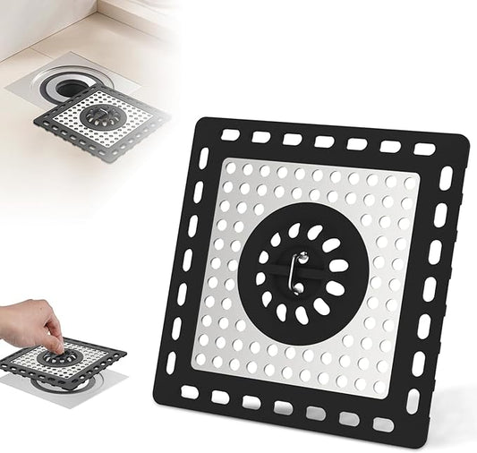 Hibbent Upgraded Shower Drain Hair Catcher, Shower Drain Cover for Bathroom Floor 4" Drain, Anti-Clogging Bathtub Drain Strainer, Stainless Steel Kitchen Sink Drain Strainer with Handle, Black