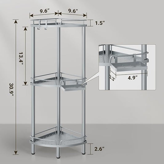 ELYKEN Corner Shower Caddy Standing, 3 Tier Rustproof Metal Shower Organizer with Soap Holder, Floor Shower Corner Shelf Rack Storage Stands with Adjustable Feet & 2 Hooks for Bathroom, Silver