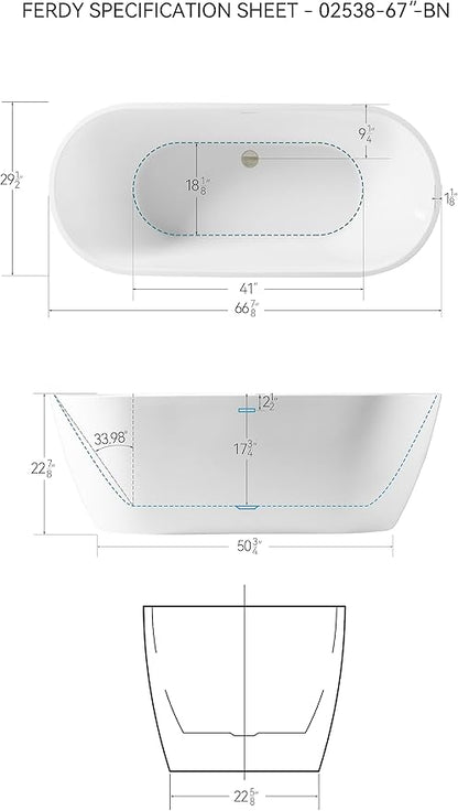 FerdY 67" Bali Acrylic Freestanding Bathtub, Gracefully Shaped Freestanding Soaking Bathtub, cUPC Certified, Toe-Tap Matte Black Drain and Minimalist Linear Design Overflow Included