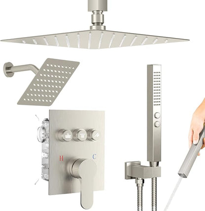 Shower Faucet Set Brushed Nickel Shower System,STARBATH 12+8" Rainfall Shower Head with Handheld 2 Spray High Pressure, Push Button Diverter Shower Valve Can Run All Together