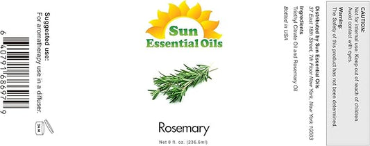 Sun Essential Oils - 8 oz Rosemary Essential Oil for Hair Growth, Skin, Scalp - Drops for Diffuser, Humidifier & Aromatherapy Massage - DIY Candle, Lotion & Shampoo Making - Help Sleep
