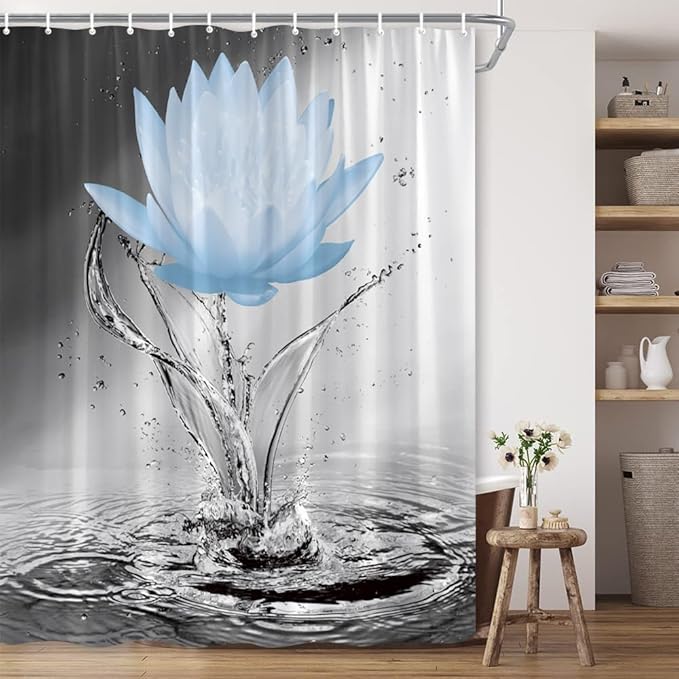 Lotus Shower Curtain Black White Grey Blue Flower Elegant Blooming Floral with Dew Spring Flower Reflection on Water Modern Romantic Polyester Fabric Bathroom Decor 60×70 Inch with Hook