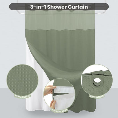 Inhousolu Long No Hook Shower Curtain with Snap in Fabric Liner Set Waffle Weave 230GSM Weighted Hem, Waterproof & Washable Bathroom Curtain Spa Luxury with Mesh Top Window 72" W x 78" L Sage Green