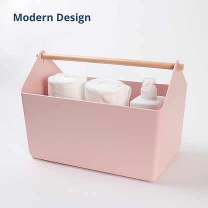 BLUE GINKGO Large Storage Basket – Plastic Caddy with Wooden Handle for Bathroom, Pantry, or Cleaning Supplies (Pink)