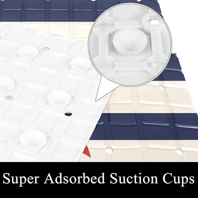 Bathtub Mats for Shower Tub, Anti-Slip Bath Mats for Inside Tub, Bathroom Shower Mats with Drain Holes and Suction Cups (Red Anchor on Navy Blue Stripes Background)