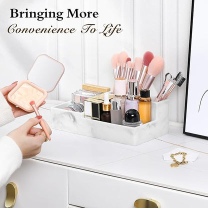 Luxspire Bathroom Counter Organizer, Marble Toothbrush Holder for Bathroom 6 Slot, Bathroom Vanity Organizer with Lid, Bathroom Organizer Countertop for Cotton Ball, Q-Tips, Floss, Gravel White