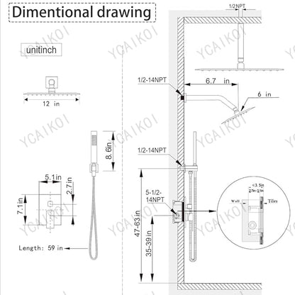 Shower Faucet Set Brushed Gold Shower System, Knob Switch Diverter Shower Faucet with High Pressure Handheld Spray, Ceiling Mount 12 Inch Shower Head with 6 Inch Wall Mount Shower Head