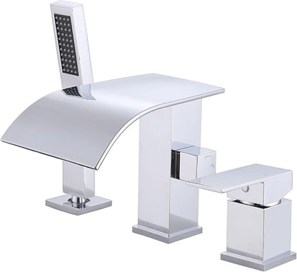 Waterfall Roman Tub Faucet with Hand Shower, Deck Mount Tub Filler Bathtub Faucet with Sprayer, Single Handle Bathtub Faucet Set, Brass Widespread 3 Hole Bathtub Shower Faucet Set, Chrome