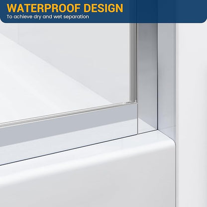 Bathtub Shower Glass Panel, 34" W X 58" H Tub Shower Door Fixed Glass Doors in Silver with 1/4"(6mm) Clear Tempered Door, Simple Shower Door Panel Easy to Install for Bathroom