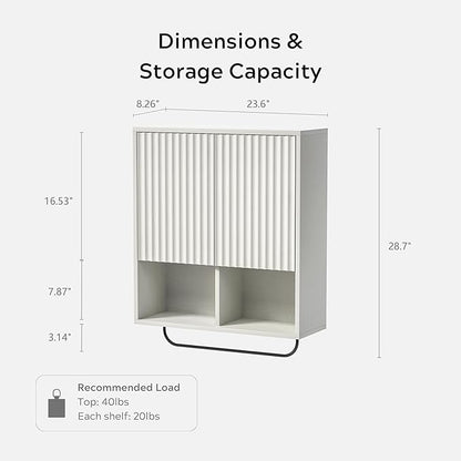 Fluted Wall Cabinet Set of 2, Wooden Bathroom Medicine Cabinet Storage with 2 Doors, Adjustable Shelf and Towels Bar, Modern Wall Mount Large Floating Cabinet for Kitchen White