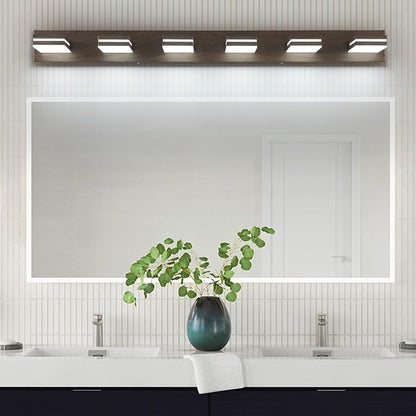 SineRise LED Modern Bathroom Vanity Light Fixtures (6-Light, 48-Inch, Dimmable), Brown Wood Painted Modern Acrylic Bathroom Wall Lighting Fixtures Over Mirror (Cool White 6000K)