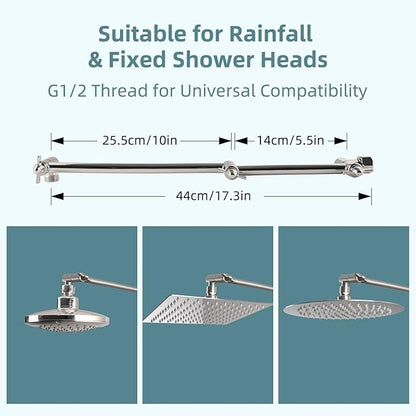 iFealClear All Metal 16" Shower Head Extension Arm, Solid Brass Shower Head Extender Adjustable Height Angle, G1/2 Universal Connection Stainless Steel Rain Showerhead Pipe, Lock Joint, Brushed Nickel