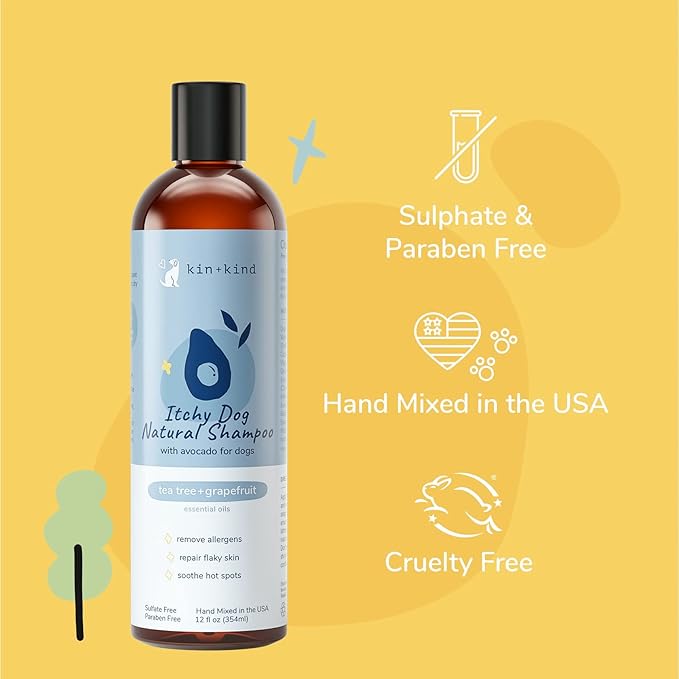 kin+kind Organic Dog Shampoo Itchy Skin Relief – Natural Dog Shampoo for Dry, Sensitive Skin – Moisturizing Formula with Coconut Oil, Olive Oil & Tea Tree – Grooming Supplies – Made in USA (12 fl oz)