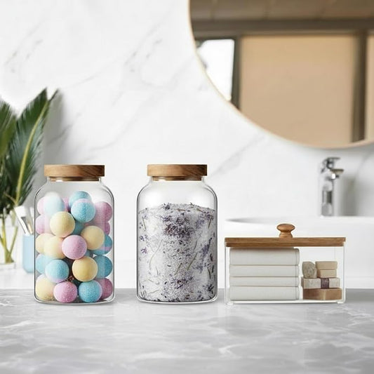 2 Half Gallon Glass Laundry Jars Set 1 Acrylic Dryer Sheet Holder Laundry Pods Container with Acacia Lid 2 Spoon for Powder Detergent Scent Beads Bath Bombs Salt Storage（No Label）