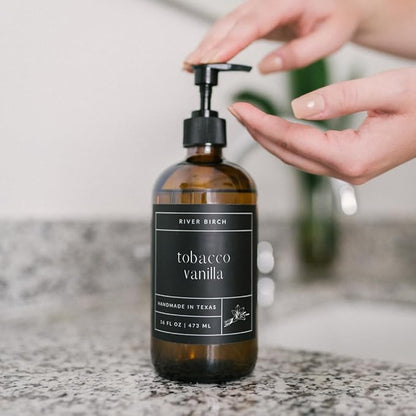 River Birch Tobacco Vanilla Scented Natural Hand Soap - Handmade Soap - Moisturizing Hand Wash with Amber Glass Dispenser - Luxury Scented Hydrating Hand Soap - Vegan and Non-Toxic - 16 Fl Oz