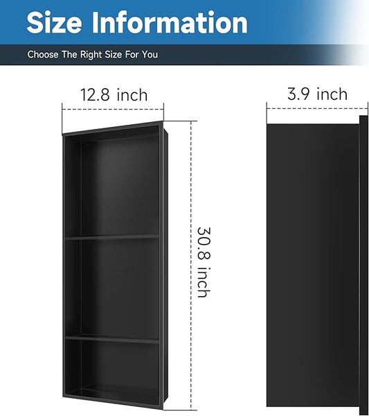 30" X 12" Stainless Steel Shower Niche Insert Tile Ready, Niche for Shower Wall, 3-Tier Recessed Shelves No Tile Needed for Bathroom Storage, Matte Black