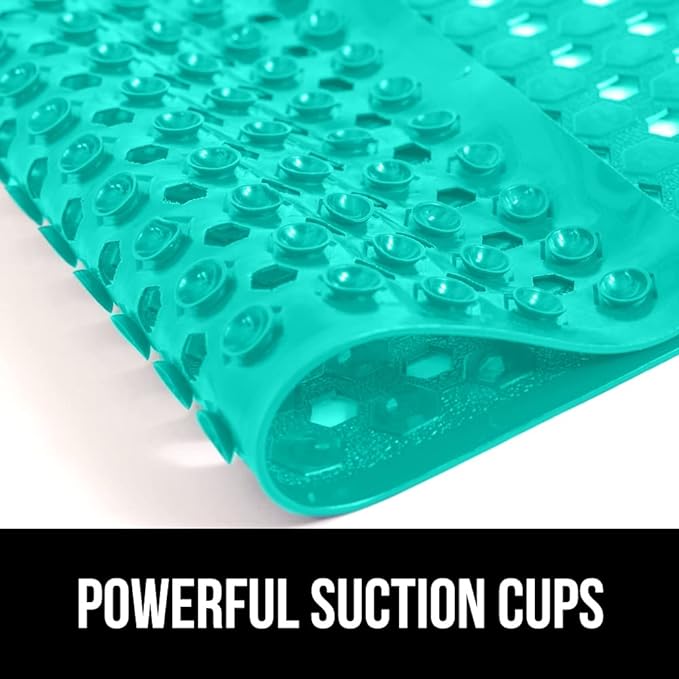 GORILLA GRIP Patented Bath Tub Shower Mat, Machine Washable Bathtub Floor Liner Mats, Suction Cups and Drain Holes to Keep Tubs Clean, Soft on Feet, Bathroom Essentials, 35x16 Inch, Turquoise Opaque