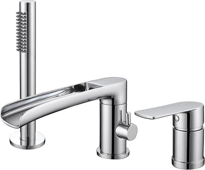 TapLong Waterfall Roman Tub Faucet with Hand Shower, Widespread Deck Mount Bathtub Faucet with Sprayer, Single-Handle 3-Holes Bathtub Shower Faucet Set in Chrome, 03119CH