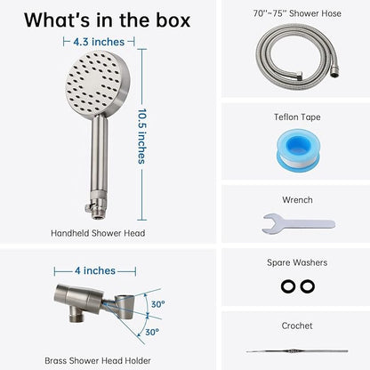 G-Promise Solid Metal Brushed Nickel Handheld Shower Head With Extra Long Stainless Steel Hose & Water Saving On/Off Pause Valve, Modern Style, 1 Setting, 10 Year Warranty