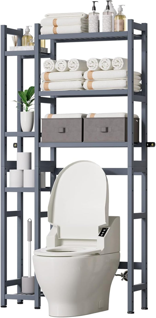 Homde Over The Toilet Storage with Basket and Drawer, Bamboo Bathroom Organizer with Adjustable Shelf & Waterproof Feet Pad, Space Saver Rack for Restroom, Laundry,Grey
