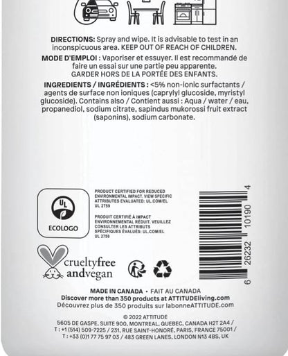 ATTITUDE All Purpose Cleaner Spray, EWG Verified, Vegan, Made with 94% Plant-Based Ingredients, Streak-Free for Kitchen, Bathroom, Glass & More, Unscented, 27.1 Fl Oz