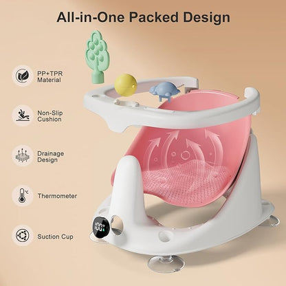 Baby Bath Seat for Babies 6 Months & Up - Bathtub Seats for Babies Sitting Up with Rinse Cup, Non-Slip, Comfortable, Infant Bath Essentials, Pink