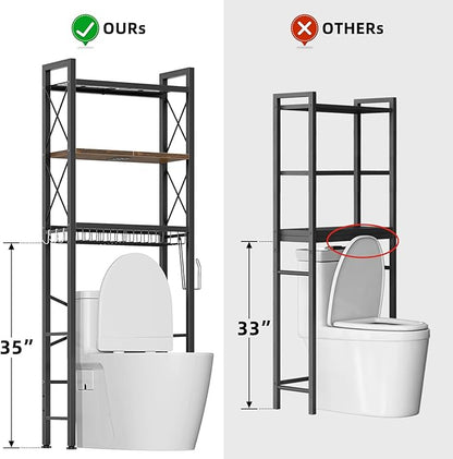 Over The Toilet Storage with X Shape Side Guardrail, 3-Tier Over Toilet Storage Rack with Drain Basket, Freestanding Bathroom Organizer for Balcony Laundry, Vintage Brown