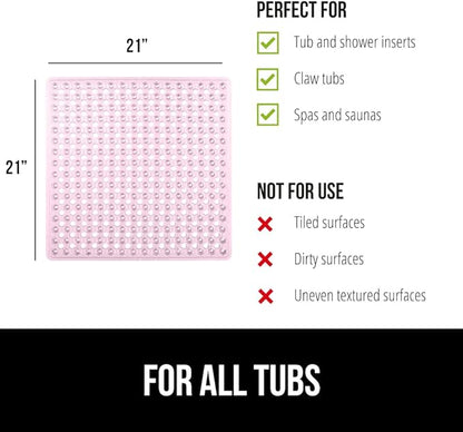 GORILLA GRIP Patented Square Shower Stall Mat, Small Bathtub Floor Mats for Stand Up Showers, Suction Cups and Drainage Holes, Machine Wash, Soft on Feet, Bathroom Accessories 21x21 Inch, Light Pink