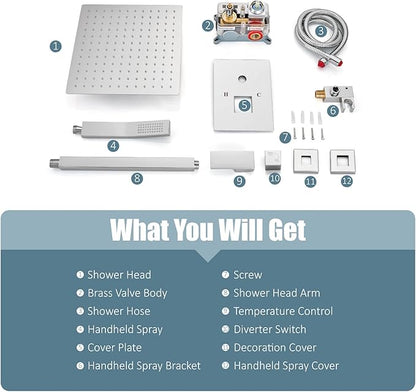 Aolemi Ceiling Mount Shower System Rain Shower Head with Handheld Spray High Pressure Shower Faucet Set Rough-in Valve Shower Trim Kit Included Bathroom Polish Chrome 10 Inch Ceiling Shower Head