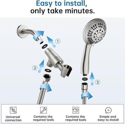 G-Promise High Pressure Shower Head 6 Spray Setting with Adjustable Solid Brass Shower Arm Mount and Extra Long Flexible Stainless Steel Hose (Brushed Nickel)