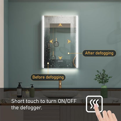 WELLFOR 20" x 30" LED Mirrored Bathroom Cabinet, Mirror Medicine Cabinet with Lights, Defogging LED Mirror Cabinet with Outlets & USB Ports, Surface Mounted, Right Opening Door, Hardwired Connected