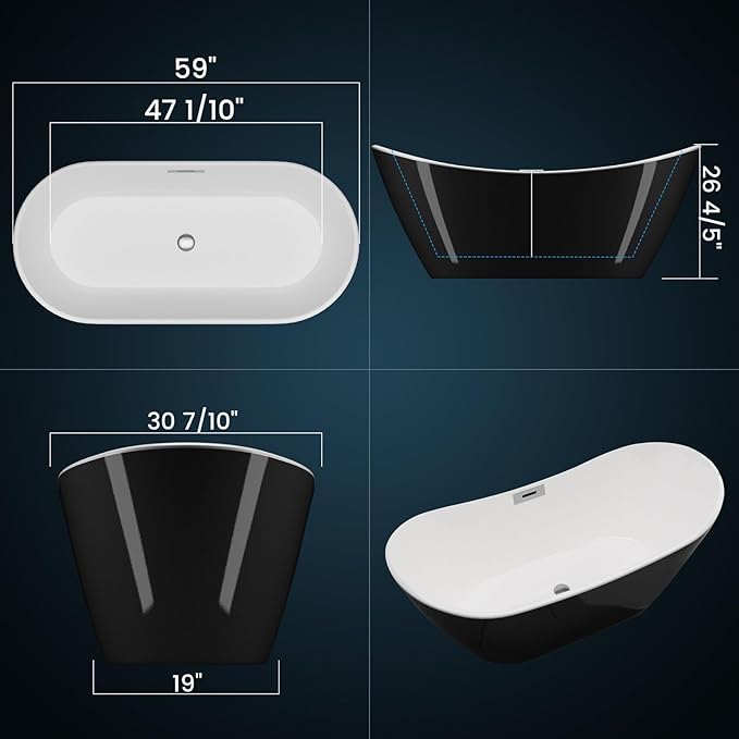 59 Inch Acrylic Freestanding Bathtub, Soaking Bathtub with Matte Drain and Overflow, Modern Square Tub with Deep Ergonomic Design, Double-Walled Insulation for Bathroom Relaxation, cUPC Certified