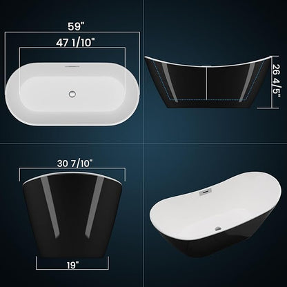 59 Inch Acrylic Freestanding Bathtub, Soaking Bathtub with Matte Drain and Overflow, Modern Square Tub with Deep Ergonomic Design, Double-Walled Insulation for Bathroom Relaxation, cUPC Certified