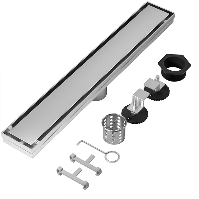 Linear Shower Drain, 304 Stainless Steel with Adjustable Leveling Feet, Hair Strainer,Reversely Install Place to Create an Invisible Floor Drain - Silver -12-Inch