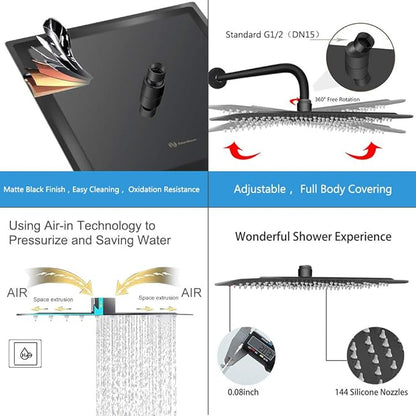 NearMoon Square Rain Shower Head With Extension Arm, Large Stainless Steel Rainfall Shower-Waterfall Full Body Coverage (12 Inch, Matte Black)