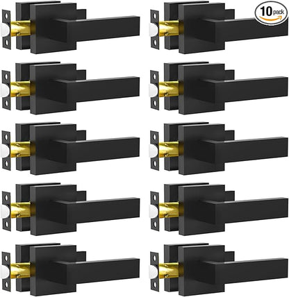 Passage Door Lever, 10 Pack Matte Black Interior Door Handles for Hallway and Closet, Heavy Duty Square Interior Keyless Door Handles Non-Locking Door Knobs for Right & Left Side Door