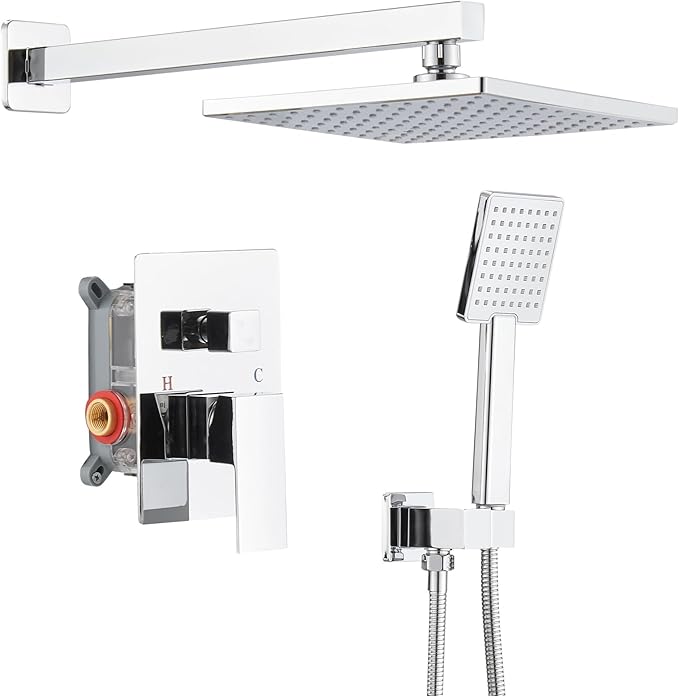 BWE Chrome Shower Faucet Set,Rainfall Shower Head with Handheld Shower,Two Functions Bathroom Luxury Shower Combo Set,Wall Mounted Shower System with Brass Rough-in Valve and Trim Kit