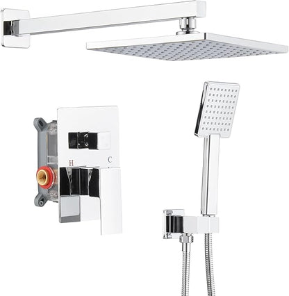 BWE Chrome Shower Faucet Set,Rainfall Shower Head with Handheld Shower,Two Functions Bathroom Luxury Shower Combo Set,Wall Mounted Shower System with Brass Rough-in Valve and Trim Kit