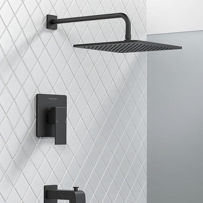 Lava Odoro 12-inch Square Bathtub and Shower Faucet Set Matte Black, Shower Trim Kit with Rough-in Valve High Pressure Black Rainfall Shower Head and Handle Set, (Valve Included), SF106-MB-T