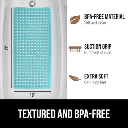 GORILLA GRIP Patented Bath Tub Shower Mat, Machine Washable Bathtub Floor Liner Mats, Suction Cups and Drain Holes to Keep Tubs Clean, Soft on Feet, Bathroom Essentials, 35x16 Inch, Clear Turquoise