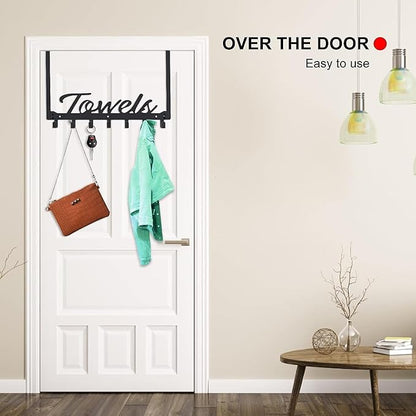 Over The Door Hooks - Heavy Duty Towel Rack with 6 Hooks for Bedroom, Bathroom, Kitchen - Holds Towels, Bags, Coats, Hats - Black