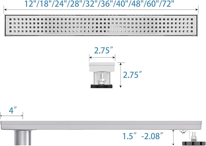 Offset Linear Shower Drain, Shower Drain 48 inch with Removable Grate Cover, Professional AISI 304 Stainless Steel Side Outlet Shower Floor Drain with Hair Catcher and Leveling Feet