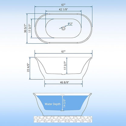 Freestanding Bathtub, 67 Inch Acrylic Soaking Tub, Elliptical Design with Chrome Drain & Overflow, White Finish for Contemporary Bathrooms