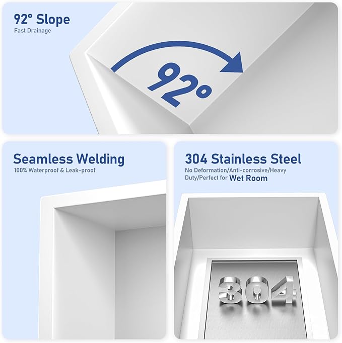 Stainless Steel Shower Niche 18" X 12" White No Tile Needed Niche Shower for Bathroom Storage Recessed Wall Shelf Over Mount Installation